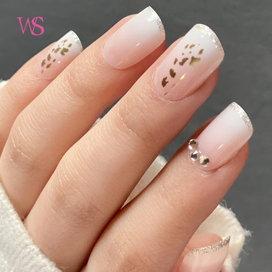 Cute Short Pink Full Cover Acrylic False Nails with Diamond